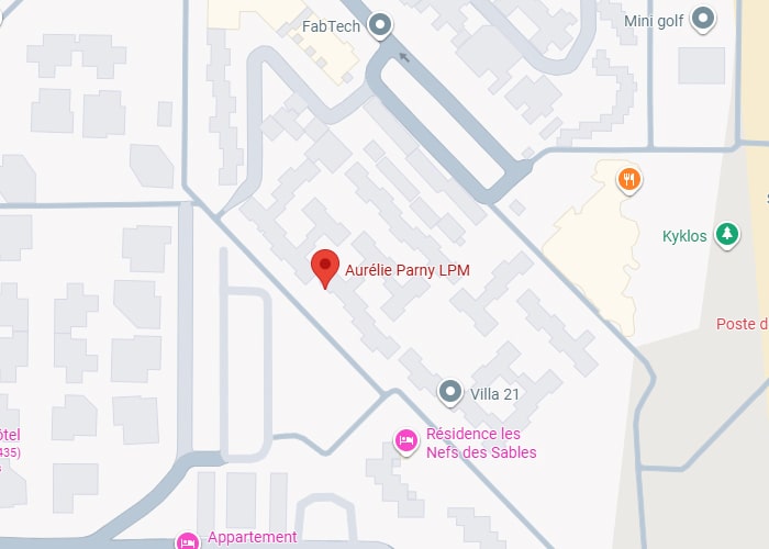 Carte d'un quartier centrée sur Aurélie Parny LPM, avec FabTech, Mini golf, Kyklos, Villa 21 et Résidence les Nefs des Sables.
