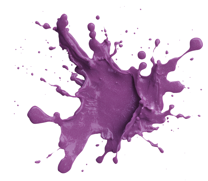 Éclaboussure de peinture violette, dense et brillante, projetée sur fond noir, avec de nombreuses gouttes et coulures dynamiques.