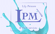 Logo Lily Peintre & Multi-services sur fond lavande. Un grand "LPM" violet est encadré par une éclaboussure de peinture turquoise et une brosse.