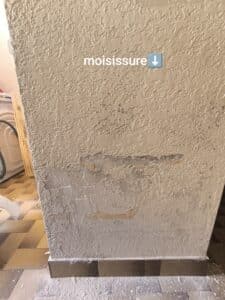 Mur intérieur beige texturé avec moisissure et peinture écaillée en bas, exposant le substrat. Le texte « moisissure ↓ » est visible.