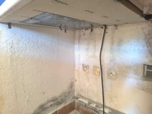 Intérieur de pièce délabrée avec murs moisis et peinture écaillée, trois prises électriques dénudées, câbles et plafond Polyfey.