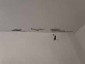 Plafond blanc écaillé près d'un mur blanc, révélant des zones grises texturées. Un crochet bleu et argent est fixé au mur.