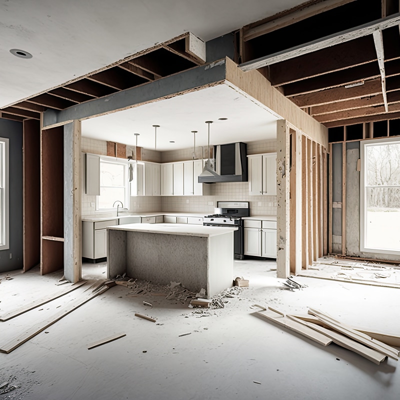 Cuisine moderne en cours de rénovation. Armoires blanches, îlot central et équipements installés, mais charpente du plafond et murs à nu.