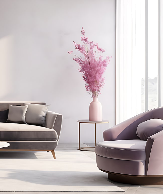 Salon moderne et lumineux avec canapé gris, fauteuil mauve et grand bouquet de fleurs roses dans un vase rose. Intérieur élégant et épuré.